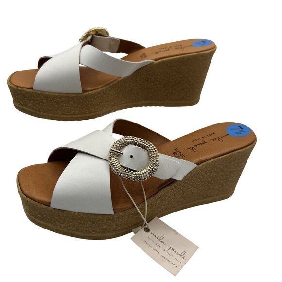 Mila Paoli NEW 7.5 White Leather Wedge Sandals Gold Buckle Made In Italy Boho - Picture 1 of 11
